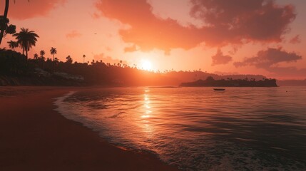 Tropical sunset beach ocean waves palm trees boat