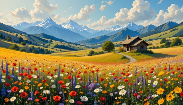 meadow with flowers and mountains