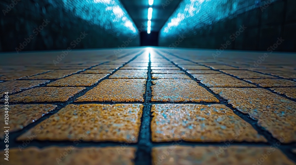Poster urban tunnel floor with textured tiles and ambient light in a mysterious setting