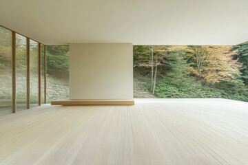 Minimalist interior design of a serene space overlooking autumn foliage in a natural setting