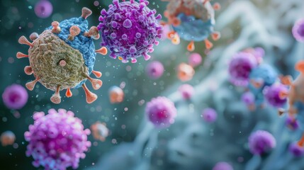 Close-up observation of virus cells showcasing diverse shapes and colors, demonstrating their complex structures in a microscopic setting