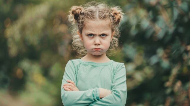 Frustrated child with curly hair stands outdoors with arms crossed, expressing displeasure under gentle sunlight - Powered by Adobe