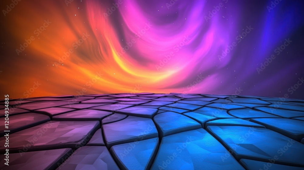 Poster surreal 3d alien planet background with jagged geometric shapes and vibrant color palette