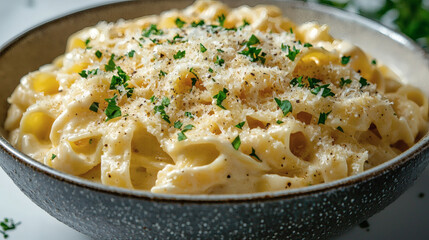 a bowl of creamy pasta alfredo topped with grated parmesan and parsley