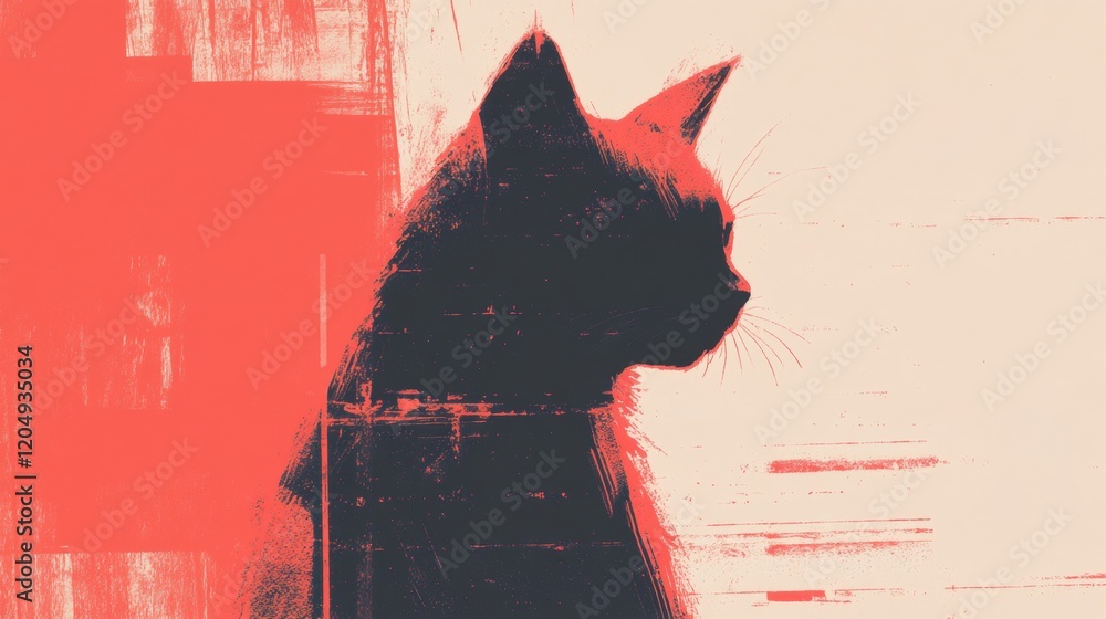 Poster vivid red and pink paint strokes fill the canvas, showcasing the silhouette of a cute cat nestled in
