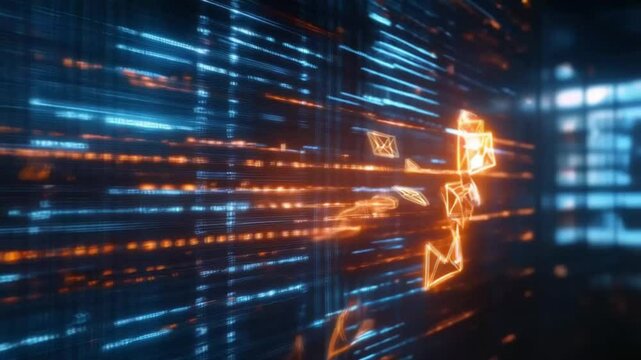 Monitor scene with glowing message icon screen, smooth repeating motion for background video animation.