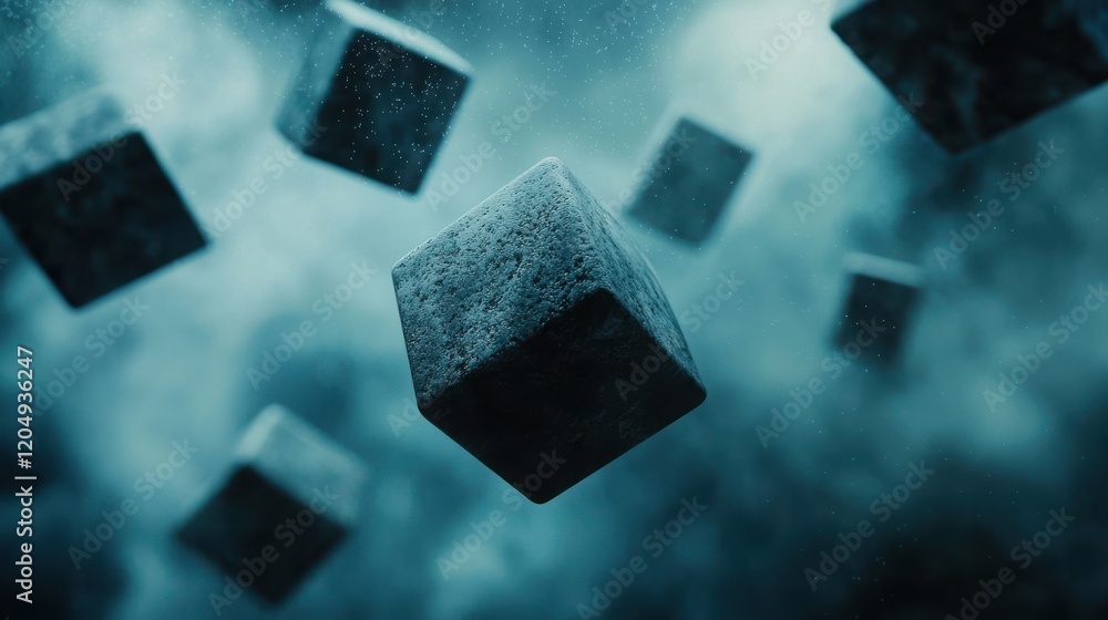 Aufkleber floating 3d cube in misty background with depth and texture effect
