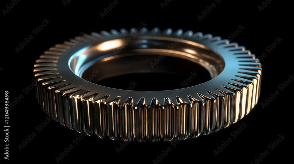 Poster metallic gear component with textured edge and reflective surface on black background