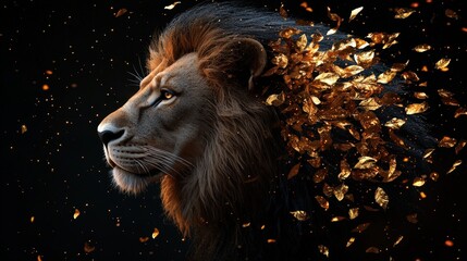 Majestic Lion Head with Golden Leaves Emanating in a Dark Background
