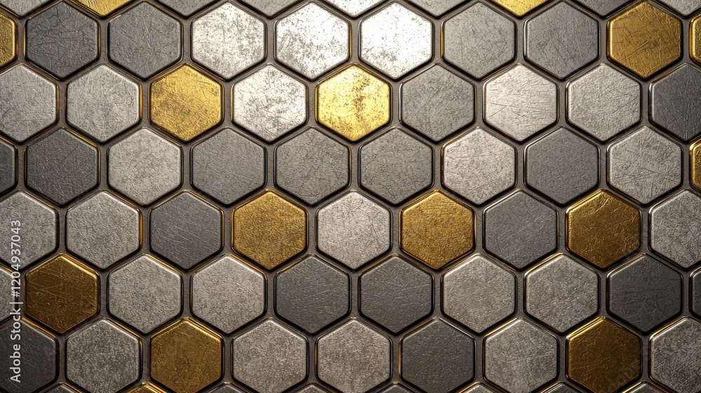 Poster 3d metallic honeycomb pattern background with silver and gold elements for design use