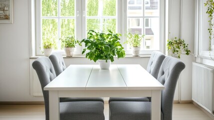 Fototapeta premium A bright dining room featuring a rectangular white table, gray upholstered chairs, and large windows