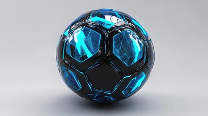 Fototapeta premium A glossy soccer ball with futuristic blue and black accents, floating against a white background.