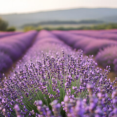 Obraz premium Lavender Fields at Dawn: A breathtaking view of a vast lavender field bathed in the soft light of sunrise, the rows of purple blooms extending into the distance, creating a mesmerizing landscape. 