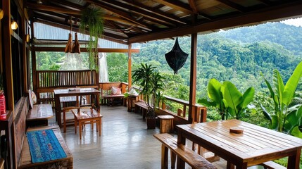 Fototapeta premium A charming hostel dining room with rustic wooden tables, green plants, and large windows for natural light