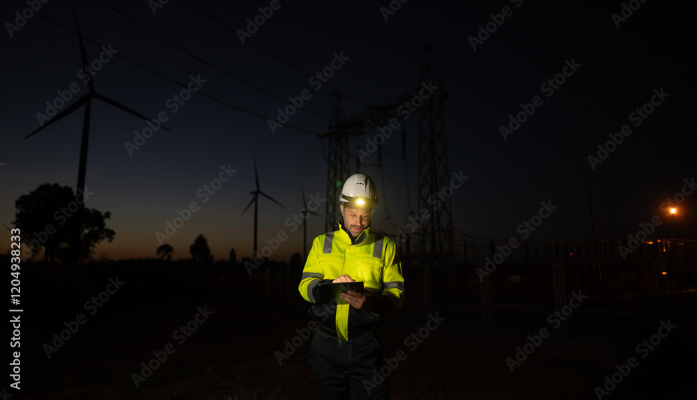 Poster engineer man working with tablet at windmill farm generating electricity clean energy. wind turbine 