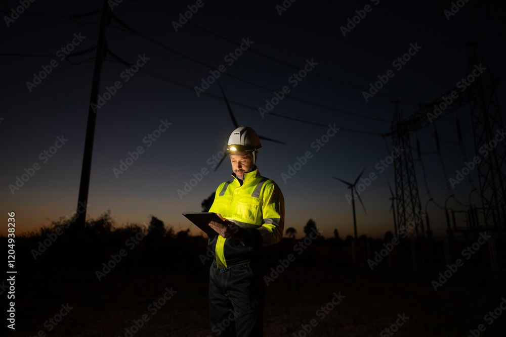 Aufkleber Engineer man working with tablet at windmill farm Generating electricity clean energy. Wind turbine farm generator by alternative green energy.
