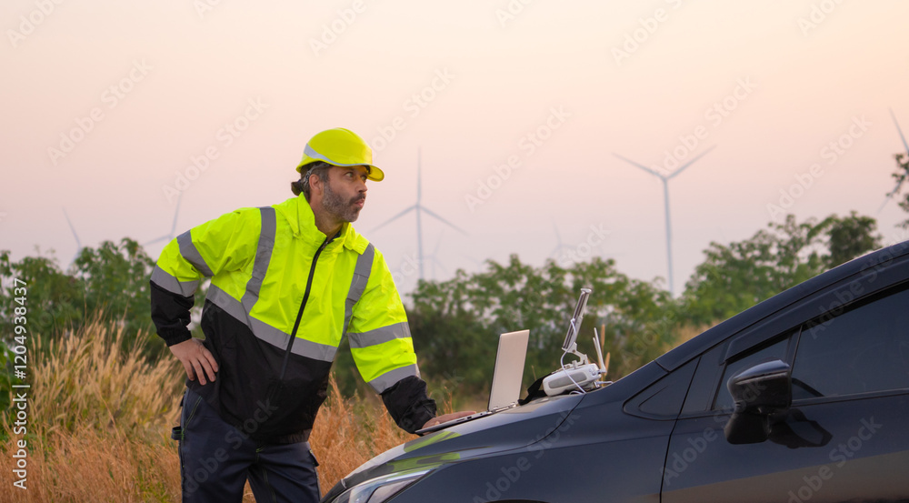 Aufkleber Engineer working on laptop in front of wind turbines for checking wind turbines of the field during beautiful sunset. Alternative energy concept.