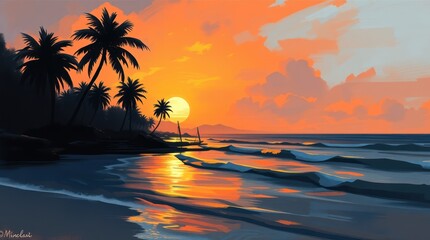 Fototapeta premium The vibrant orange sunset paints the sky above the silhouette of palm trees on a tropical beach