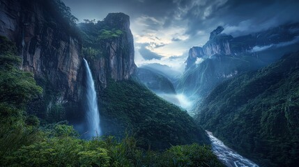 Majestic waterfall cascading down cliffs, lush valley, dramatic sky, travel poster