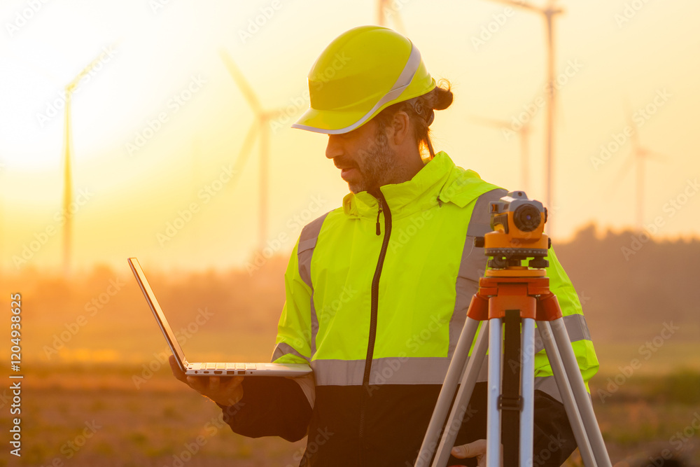 Aufkleber Engineer working on laptop in front of wind turbines for checking wind turbines of the field during beautiful sunset. Alternative energy concept.