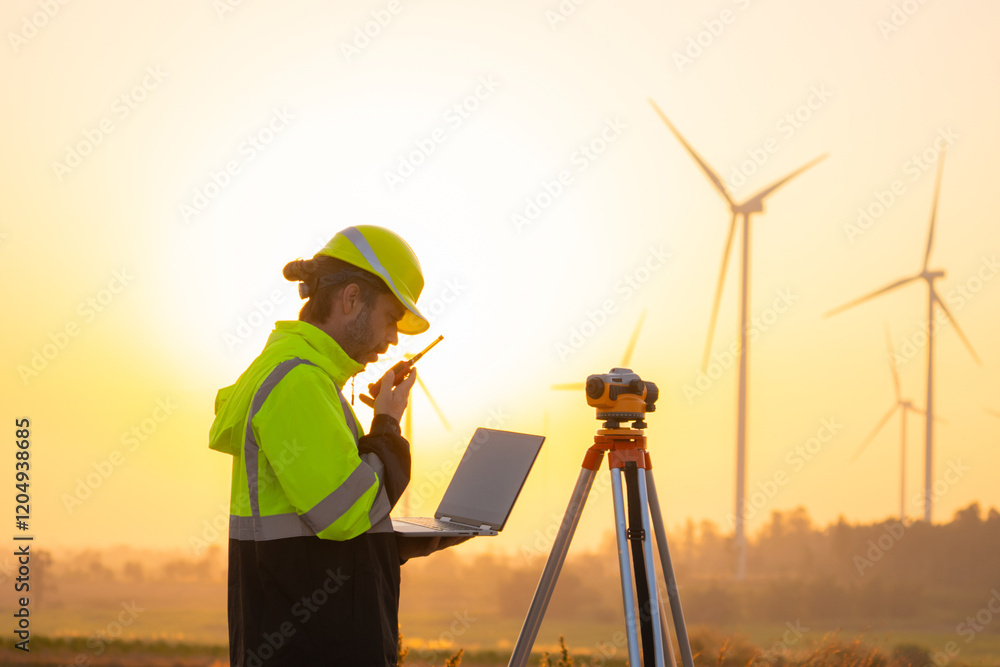 Fototapete Engineer working on laptop in front of wind turbines for checking wind turbines of the field during beautiful sunset. Alternative energy concept.