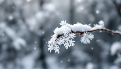 Obraz premium Close-up of snow-covered branch with falling snowflakes in winter