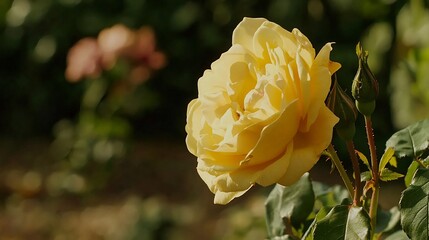 Close-up view of a yellow rose in full bloom with a blurred background showcasing delicate petals