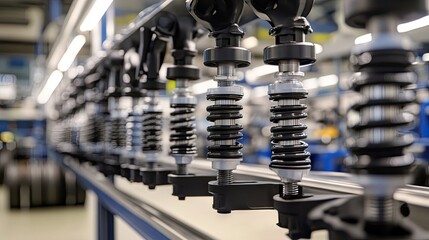 Naklejka premium A close-up of car suspension components like shock absorbers and springs in a well-lit auto parts showroom