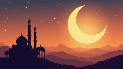 Crescent Moon over Mosque: A dramatic silhouette of a mosque stands against a fiery orange sunset, illuminated by the glow of a crescent moon in a starlit sky.