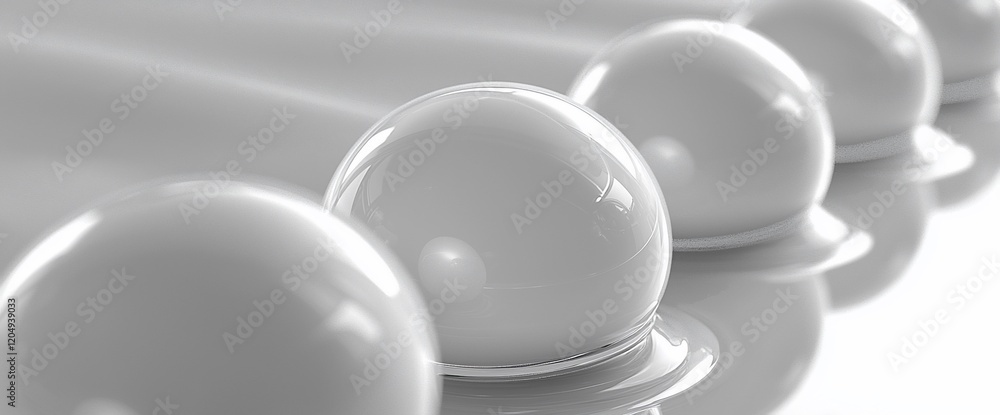 Poster row of glossy white spheres on a smooth surface.