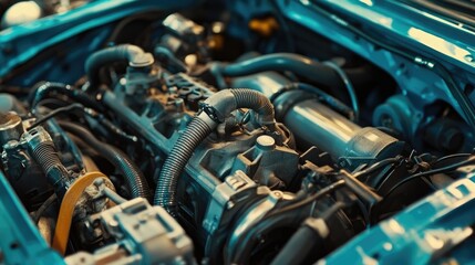 Fototapeta premium A close-up shot of a car's engine compartment with various auto parts such as hoses, belts, and wires on display