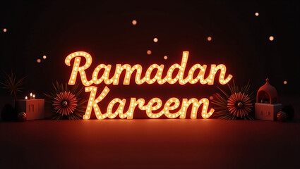 Ramadan Kareem Illuminated: Glowing "Ramadan Kareem" sign in warm, inviting light, surrounded by festive decorations, creating a serene and celebratory atmosphere. 