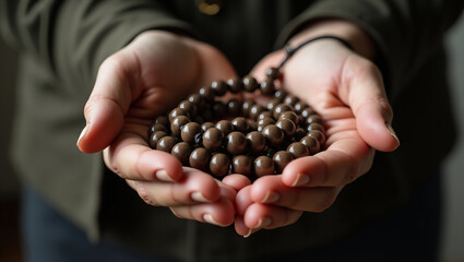 Prayer Beads in Hands:  Close-up of hands gently cradling a strand of dark brown prayer beads, a serene image evoking spirituality and contemplation. 
