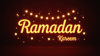 Ramadan Kareem Greeting: A warm and inviting Ramadan Kareem greeting with a stylish calligraphy design and twinkling lights against a dark red background.
