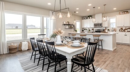 A contemporary dining area with a white table, chic black chairs, and a view of the open kitchen