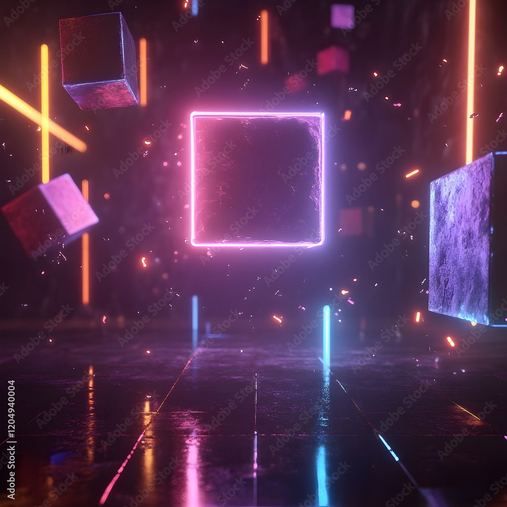 Poster neon glowing cubes: abstract 3d rendering of vibrant neon glowing cubes and lines floating in dark s