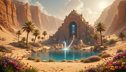 Sunset over a tropical beach with palm trees, ocean, and desert in the distance, creating a peaceful vacation landscape