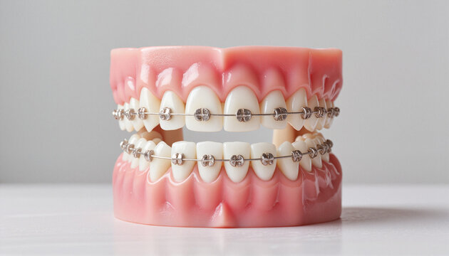 Minimalistic orthodontic model of teeth with traditional metal braces on light grey background for dental focus