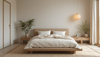 Luxury bedroom with a comfortable bed, pillows, lamp, and elegant decor