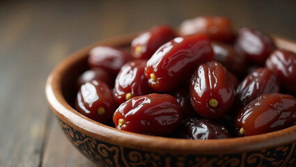 Dates in a Bowl: A close-up shot of a rustic bowl brimming with plump, glistening dates. The rich, deep color of the dates contrasts beautifully with the dark wood background.