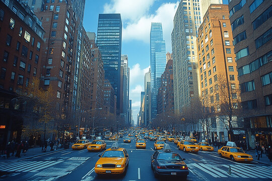 Yellow Cabs Traffic Cityscape Amidst Skyscrapers