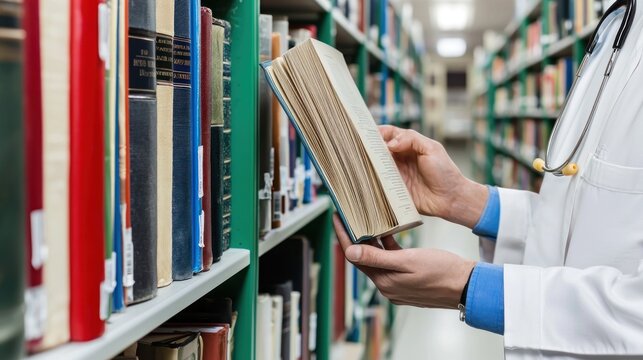 Doctor researching medical texts in library
