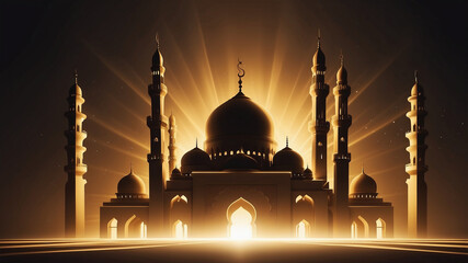 Mosque Silhouette: A majestic mosque silhouette emerges from the darkness, bathed in warm, radiant light,  a symbol of faith and spirituality.