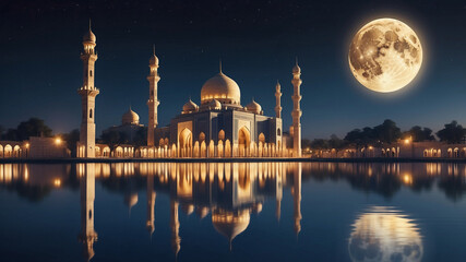 Mosque Under Full Moon: A majestic mosque with intricate details illuminated against a dark night sky, a full moon casting its ethereal glow, creating a captivating and serene scene.
