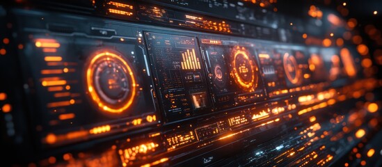 Futuristic digital interface with glowing orange HUD elements.