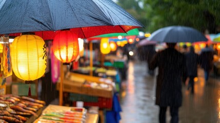 Naklejka premium Bustling Night Market in Tokyo with Neon Signs and Rainy Atmosphere