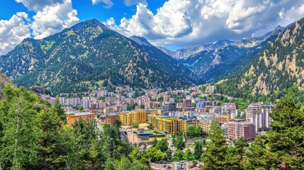 Obraz premium Mountain town panoramic view, sunny day, travel brochure