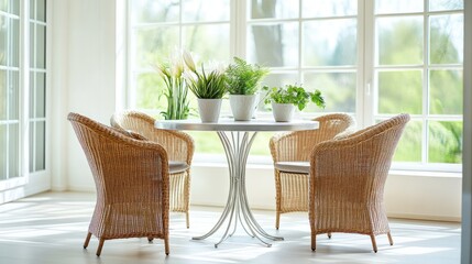 Obraz premium A contemporary dining space featuring a round metal table, rattan chairs, and bright natural lighting