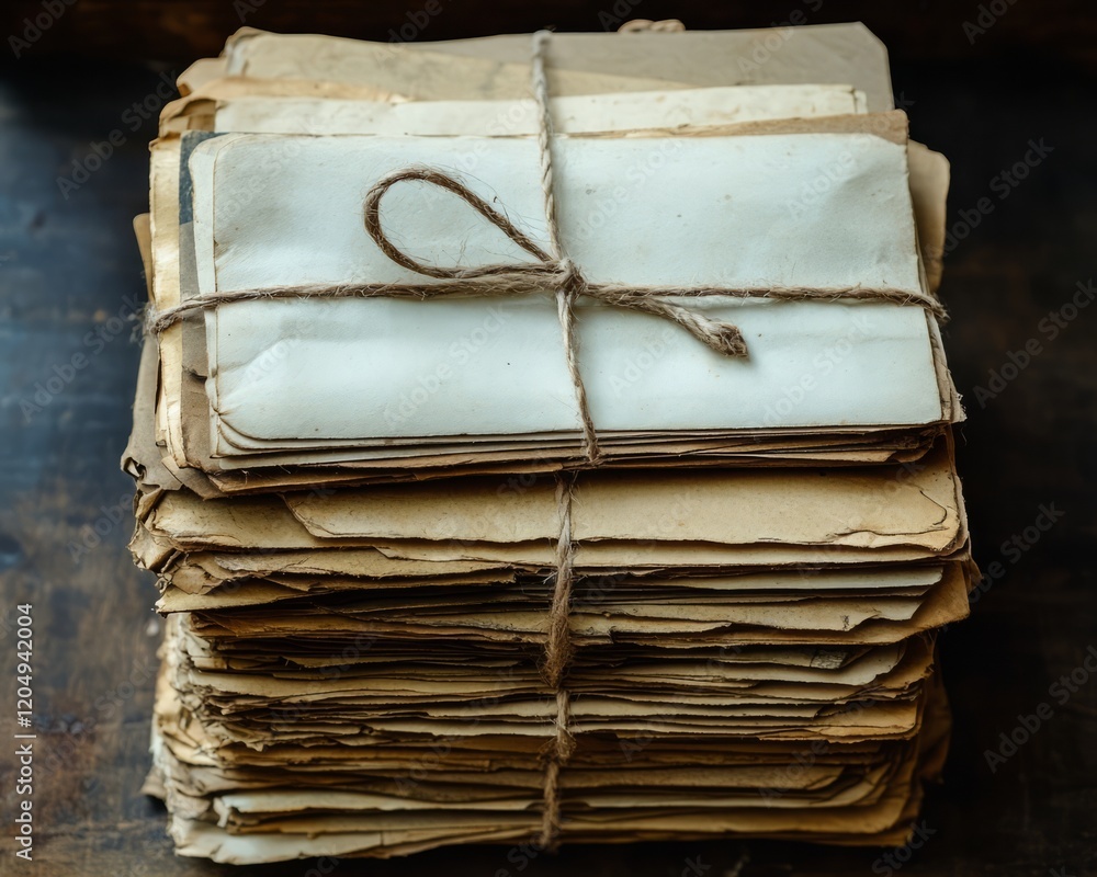 Poster layered stack of old letters tied with a string, aged paper texture