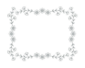 Floral frame made of abstract flowers and branches in monochrome line drawing style